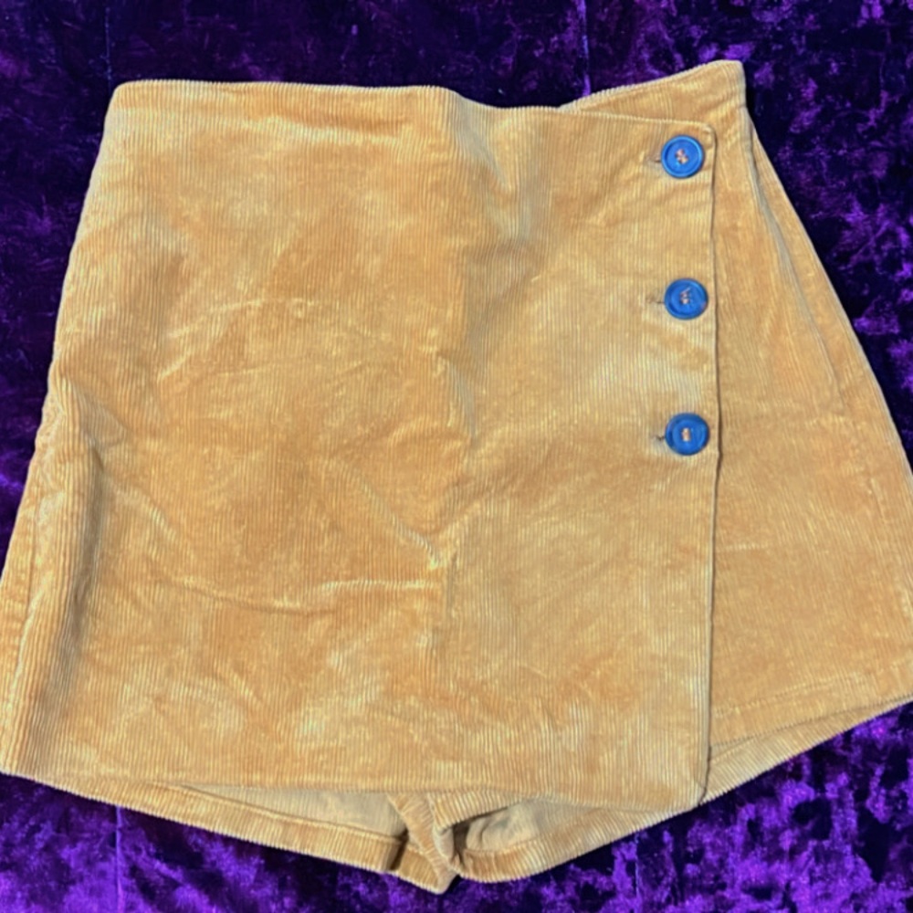 Tan Corduroy Skirt with Blue Buttons